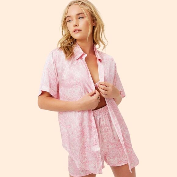 Frankie's Bikinis Fifi Silk Set Pink Paisley - Picture 1 of 9